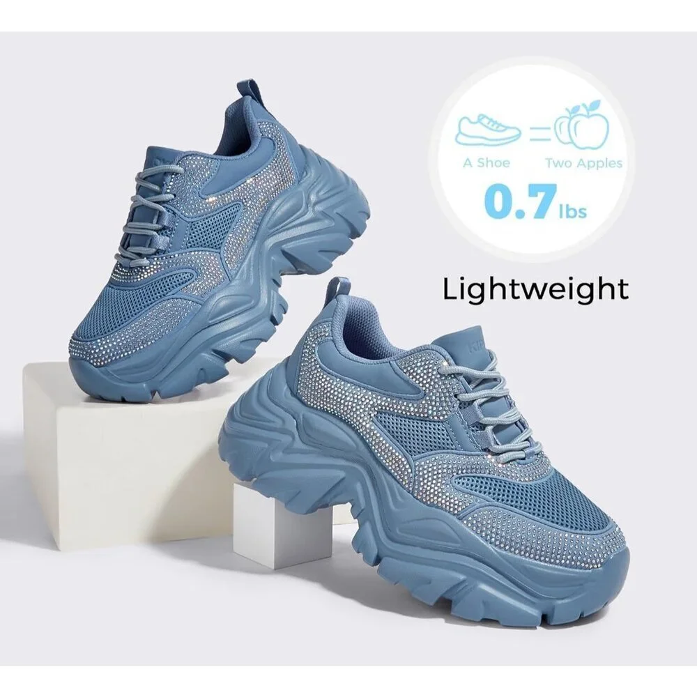 Women Leather Blue Rhinestone Comfortable Wedge Walking Sport Sneakers Shoes